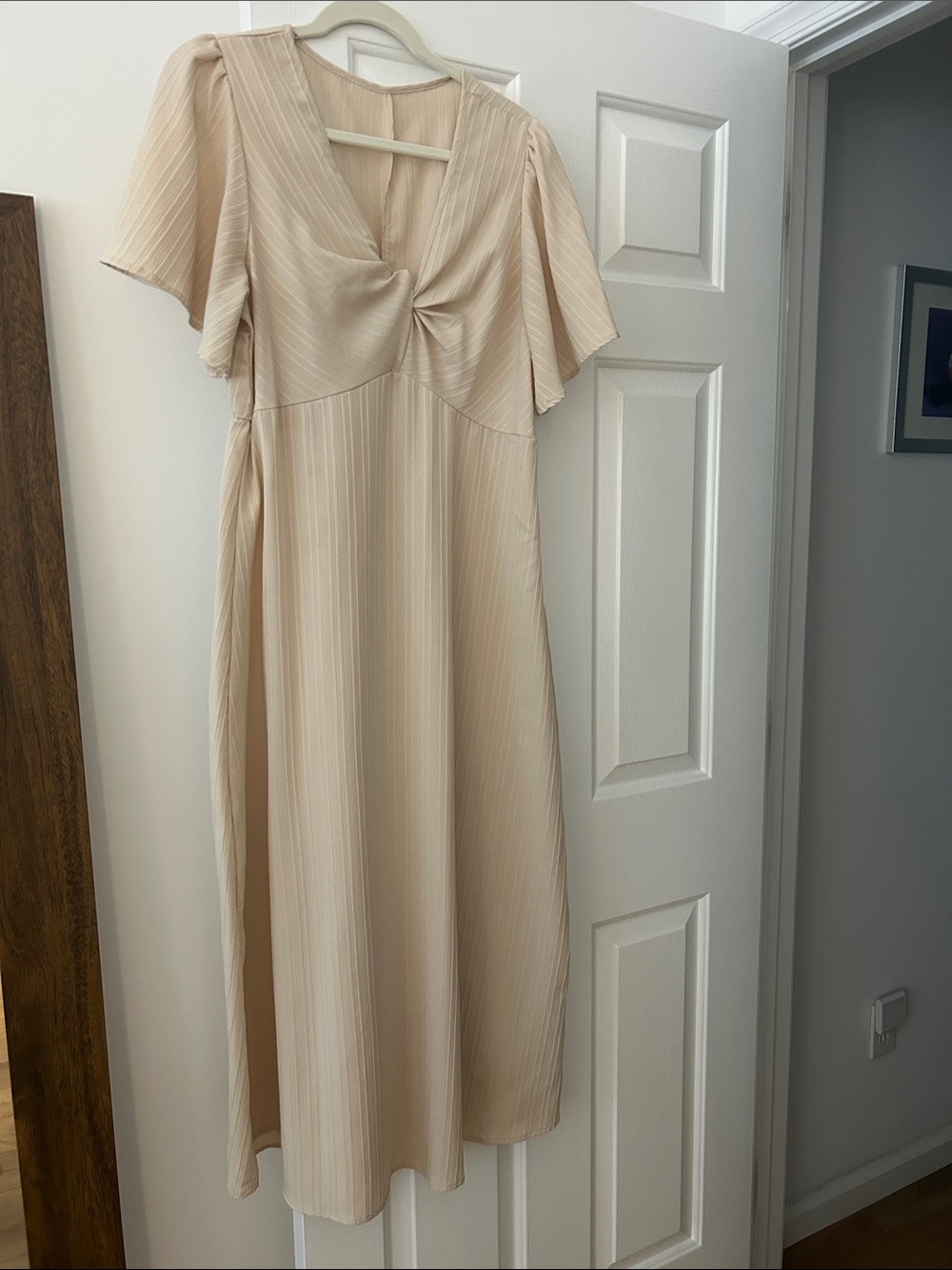 Twist-Front Cream Midi Dress with Flutter Sleeves